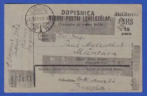 Jugoslawien 1920 GA Postkarte O KARLOVAC nach München