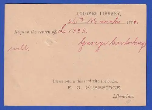 Ceylon 1888 GA Postkarte O COLOMBO gelaufen innerorts