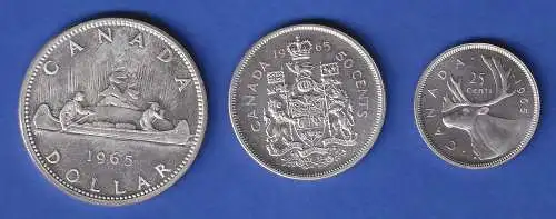 Kanada / Canada Lot 3 Silbermünzen 1965 25 Cent / 50 Cent / 1 Dollar