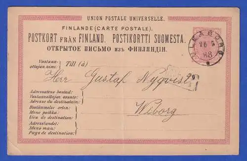 Finnland 1888 GA Postkarte O ULEABORG (= Oulu) nach Wiborg, vert. Bug