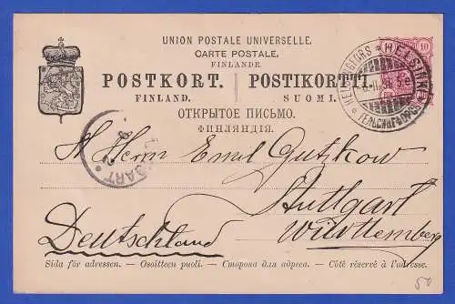 Finnland 1896 GA Postkarte, dreisprachig O HELSINKI nach Stuttgart