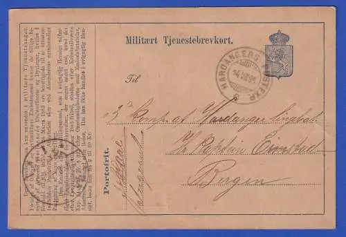 Norwegen 1895 GA Militär-Postkarte O HARDANGERS POSTEXP. nach Bergen