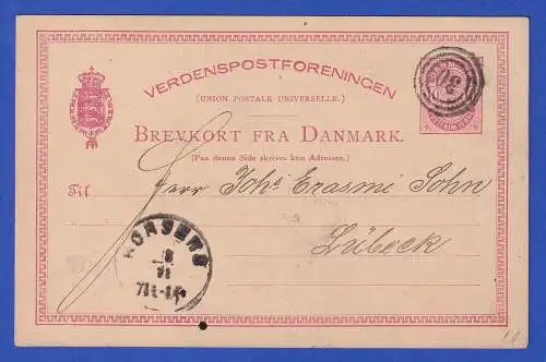 Dänemark 1882 GA Postkarte mit Nr.-O 30 und O HORSENS nach Lübeck