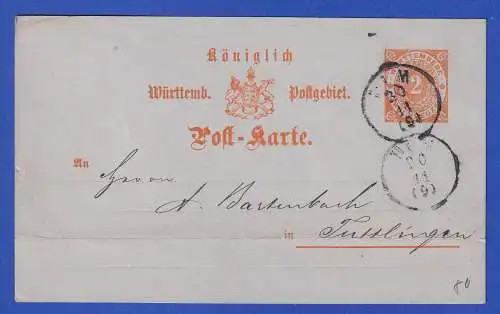 Württemberg 1872 GA Postkarte mit O ULM nach Tuttlingen