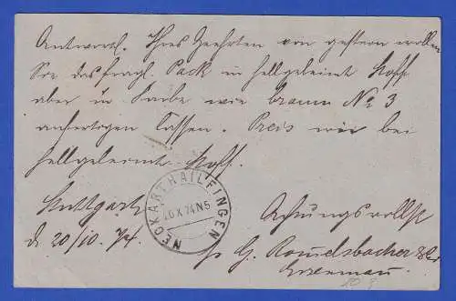 Württemberg 1874 GA Postkarte mit O STUTTGART nach Neckarthailfingen