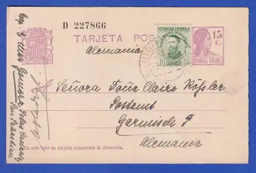 Spanien 1932 GA Postkarte mit Zufrankatur O S. SEBASTIAN DE GOMERA nach Garmisch