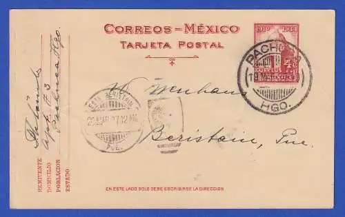 Mexiko 1937 GA Postkarte O PACHUCA, HGO. nach Beristain, Puebla