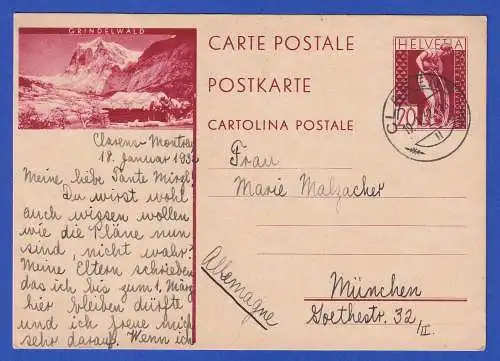 Schweiz 1932 GA Postkarte Grindelwald O CLARENS nach München