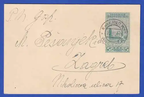 Bosnien-Herzegowina 1913 GA Postkarte Mi.-Nr. P17a mit Militärpost-O nach Zagreb