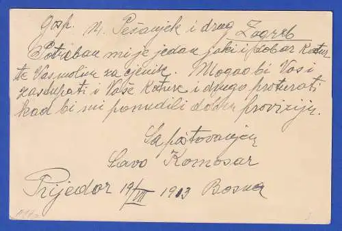 Bosnien-Herzegowina 1913 GA Postkarte Mi.-Nr. P17a mit Militärpost-O nach Zagreb