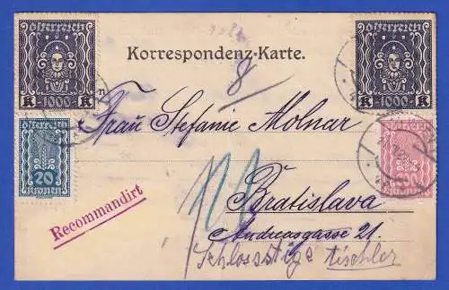 Österreich 1922 Inflation Mischfrankatur auf R-Postkarte O WIEN nach Bratislava