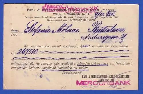 Österreich 1922 Inflation Mischfrankatur auf R-Postkarte O WIEN nach Bratislava