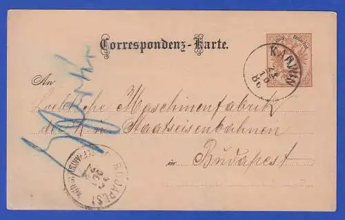 Österreich 1886 GA Postkarte O KARWIN nach Budapest