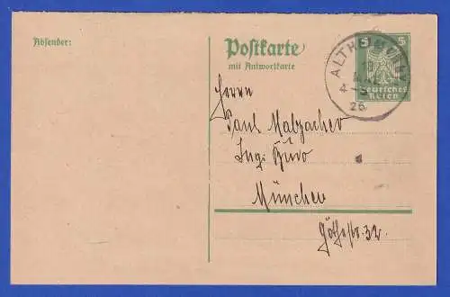 Dt. Reich 1926 GA Postkarte Mi.-Nr. P158 I O ALTHEIM i. Nby. nach München