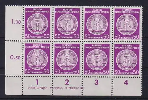 DDR Dienstmarken Mi.-Nr. 26x I X II Eckrandachterblock mit Druckvermerk **