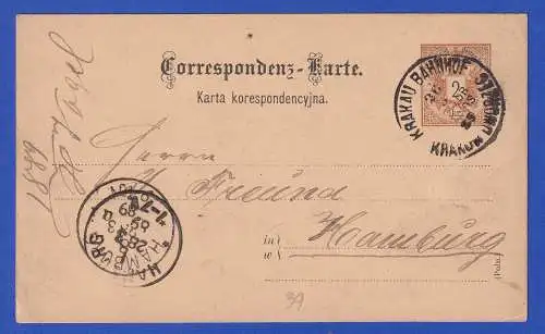 Österreich 1889 GA Postkarte O KRAKAU BAHNHOF nach Hamburg