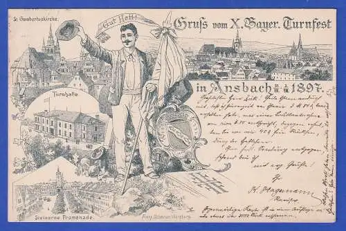 Bayern 1897 Privatganzsache X. Bayerisches Turnfest Ansbach gel. nach Nürnberg