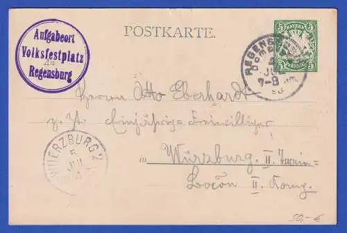 Bayern 1898 Privatganzsache Volksfest Regensburg mit. So.-O gel. nach Würzburg