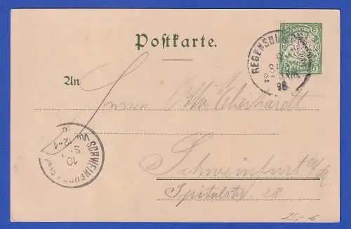 Bayern 1898 Privatganzsache Thurn und Taxis in Regensburg gel. nach Schweinfurt