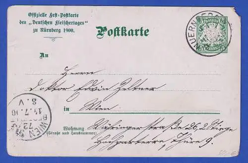 Bayern 1900 Privatganzsache Fleischertag Nürnberg Schönbartlaufen gel. nach Wien