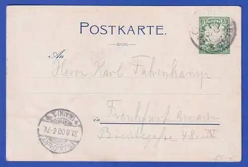 Bayern 1900 Privatganzsache Volksfest Nürnberg gelaufen nach Frankfurt/M.