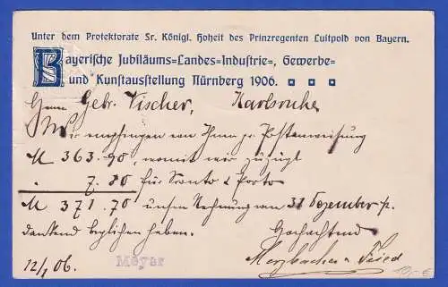 Bayern 1906 Privatganzsache Jubiläums-Landesausstell. Nürnberg gel. n. Karlsruhe