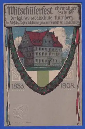 Bayern 1908 Privatganzsache Kreisrealschule Nürnberg Einladung gel. n. Erlangen