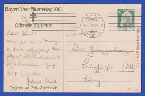 Bayern 1913 Privatganzsache Bayer. Blumentag Kind mit Blume gel. nach Burghausen