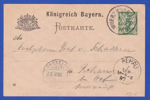 Bayern 1897 Privatganzsache Volksfest Würzburg Kaisertage gelaufen nach Rehau