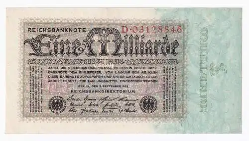 Dt. Reich Reichbanknote 1 Milliarde Mark, Ausgabe 1923 fast kassenfrisch