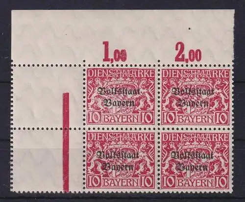 Bayern 1919 Dienstmarke Mi.-Nr. 33 Eckrandviererblock mit Leerfeldern links **