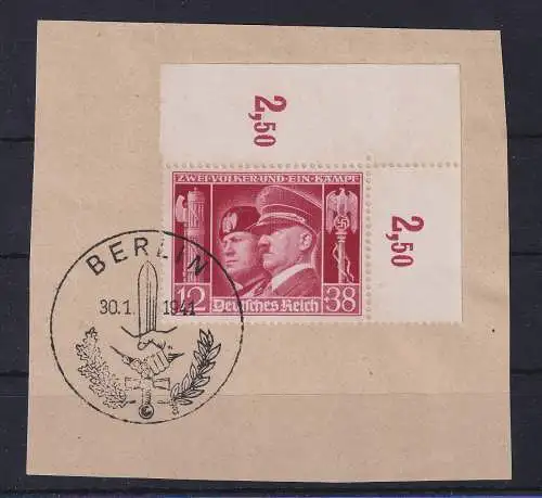 Dt. Reich 1941 Hitler Mussolini Mi-Nr.763 Eckrandstück m. ET-So.-O a. Briefstück