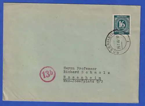 All. Besetzung Ziffer 16Pfg-Frankatur auf Orts-Brief Rosenheim 1946