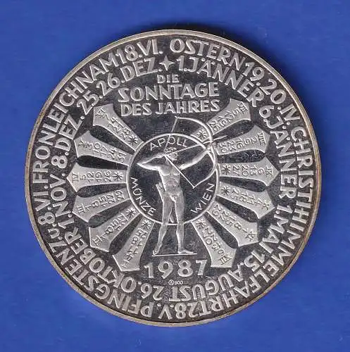 Silbermedaille Österreich Jahresregent 1987 Jupiter Sonn- u. Feiertage 26g/Ag900