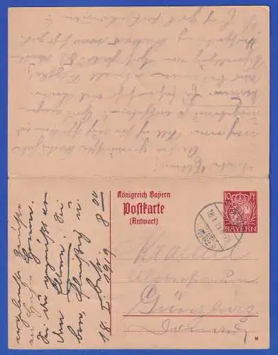 Bayern 1919 GA Postkarte Mi.-Nr. P102 gelaufen Günzburg-Cham