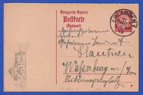 Bayern 1919 GA Postkarte Mi.-Nr. P102A O ERLANGEN nach Wasserburg