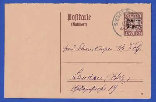 Bayern 1920 GA Postkarte Mi.-Nr. P115A O SIEBELDINGEN nach Landau/Pfalz