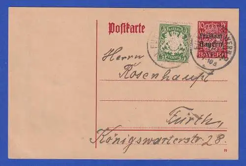 Bayern 1920 GA Postkarte mit spätverwendeter Mi.-Nr. 75 als Zufrankatur O FÜRTH