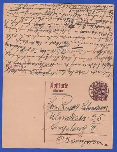 Bayern 1920 GA Postkarte Mi.-Nr. P115F+A gelaufen Augsburg-Zittau