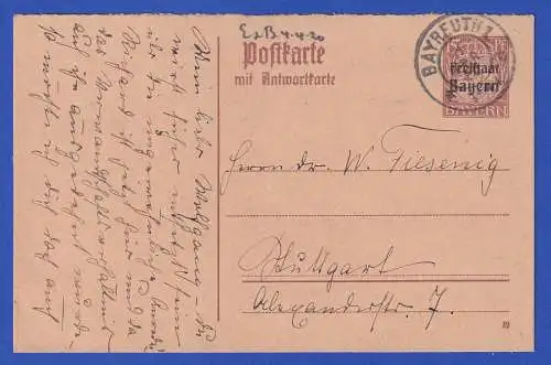 Bayern 1920 GA Postkarte Mi.-Nr. P115 F O BAYREUTH gelaufen nach Stuttgart