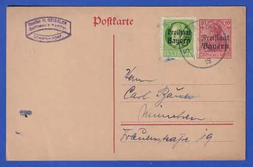 Bayern 1919 GA Postkarte Mi.-Nr. P112b mit Zufrankatur O SCHWANDORF n. München