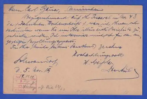 Bayern 1919 GA Postkarte Mi.-Nr. P112b mit Zufrankatur O SCHWANDORF n. München