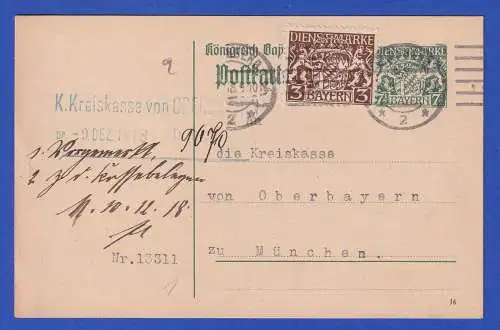 Bayern 1918 GA Dienstpostkarte Mi.-Nr. DP1 m. Zufrankatur O NÜRNBERG n. München