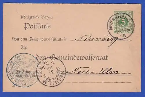 Bayern 1906 GA Dienstpostkarte/Behörde Mi.-Nr. DPB4/01 O NÜRNBERG nach Neu-Ulm