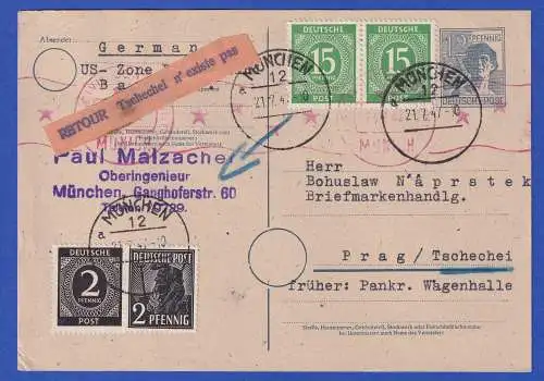 All. Bes. 1947 Auslandspostkarte mit Retour-Vermerk "Tschechei n'existe pas"