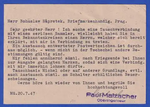 All. Bes. 1947 Auslandspostkarte mit Retour-Vermerk "Tschechei n'existe pas"