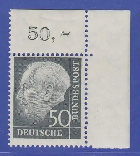 Bundesrepublik 1954 Theodor Heuss 50 Pfg  Mi.-Nr. 189 Eckrandstück OR **