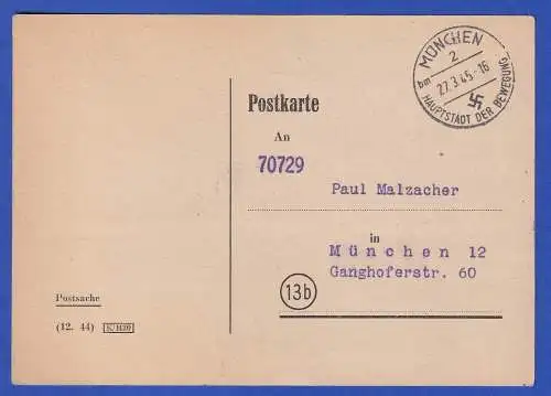 Postkarte Kündigung eines Telefonanschlusses bei Kriegsende in München 27.3.45