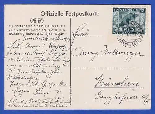 Österreich 1933 Mi.-Nr. 551 auf offizieller Postkarte FIS-Wettkämpfe Innsbruck