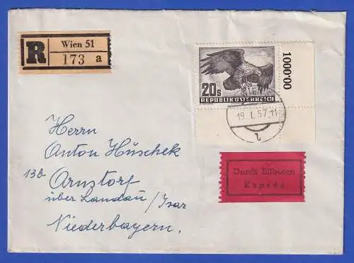 Österreich 1957 Mi.-Nr. 968 Eckrandstück auf Eil-R-Brief O WIEN nach Arnstorf